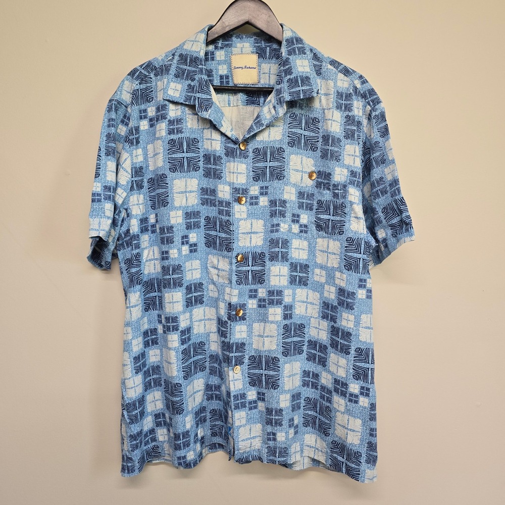 Tommy Bahama Silk Shirt Mens XL Blue Geometric Print Short Sleeve Aloha Tropical